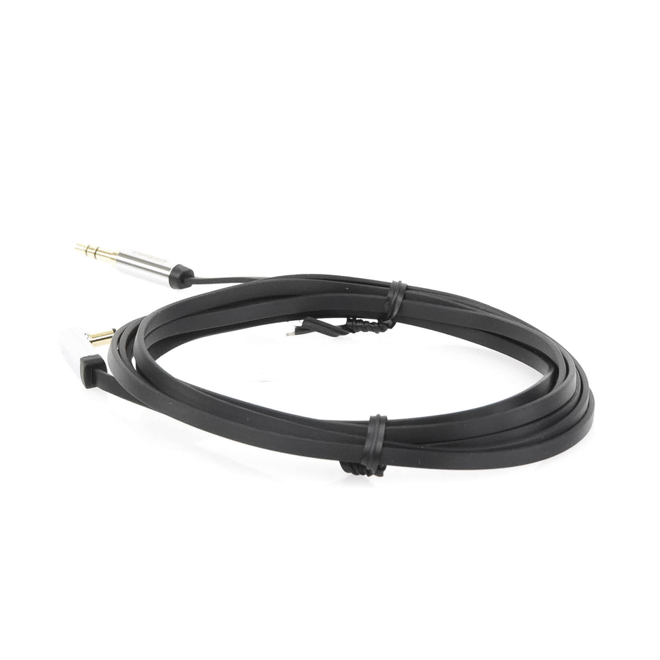 Cable Auxiliar Plano de 2 Metros | Audio 3.5 mm Macho a Macho | Conector Recto a 90° | Ideal para Celular, Auto, Bocinas y Audífonos | Color Negro