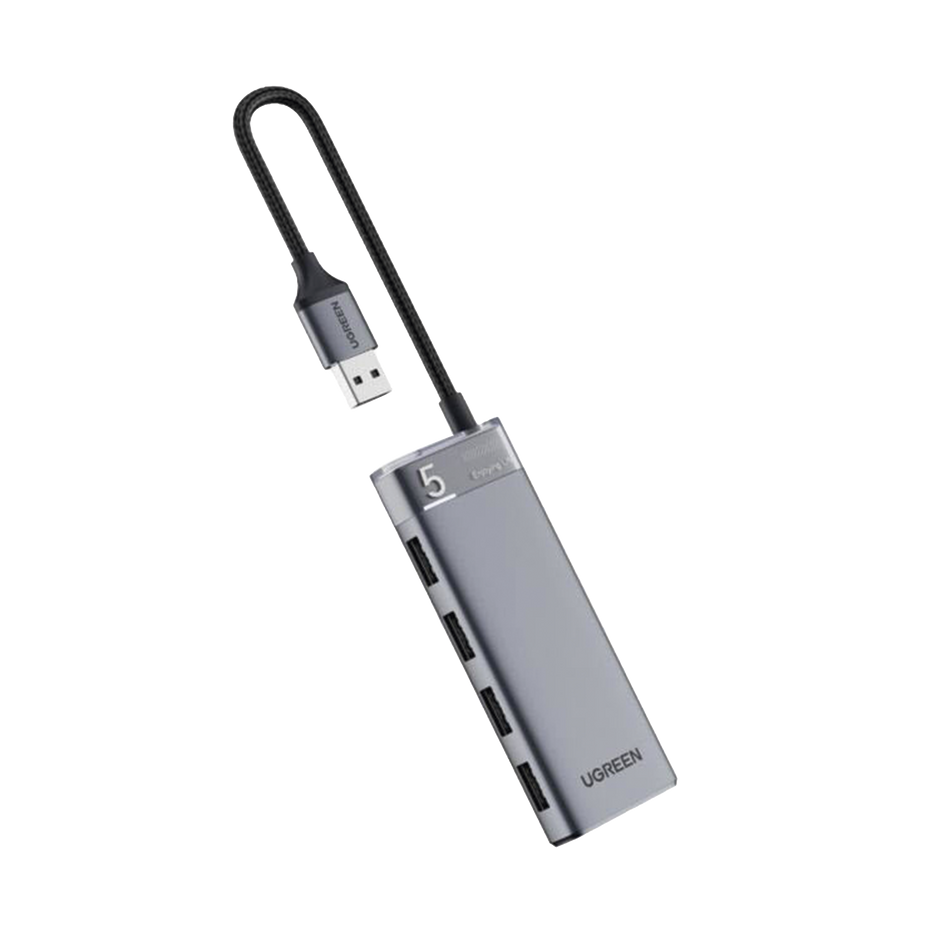 Hub USB-A 3.2 Gen 1 4 en 1 | 4 Puertos USB 5Gbps | Compatible OTG | Cable Trenzado de 20 cm | LED Indicador | Carcasa ABS+PC | Color Gris Metalizado
