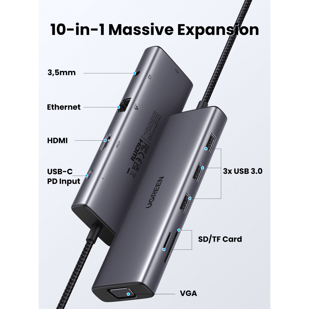 Hub USB-C 10 en 1 HDMI VGA Ethernet 100W