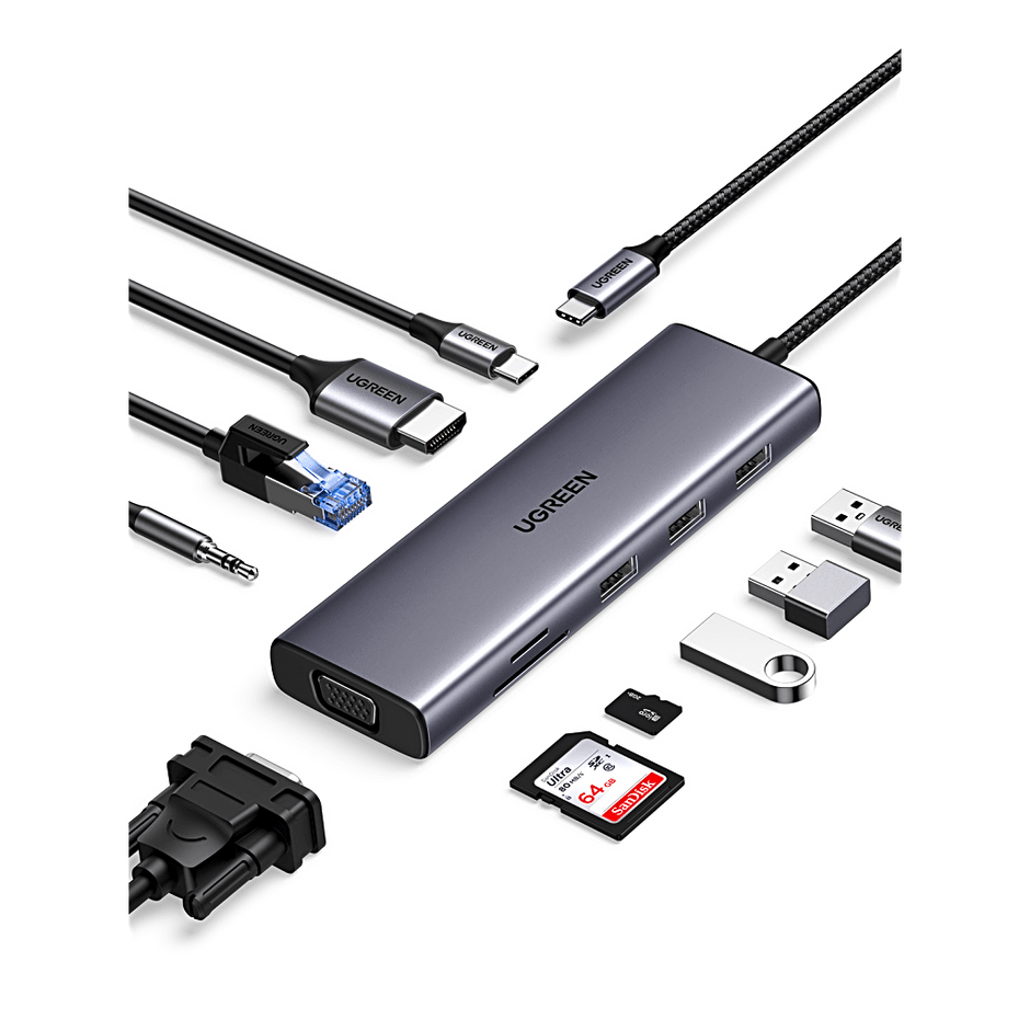 Hub USB-C 10 en 1 HDMI VGA Ethernet 100W