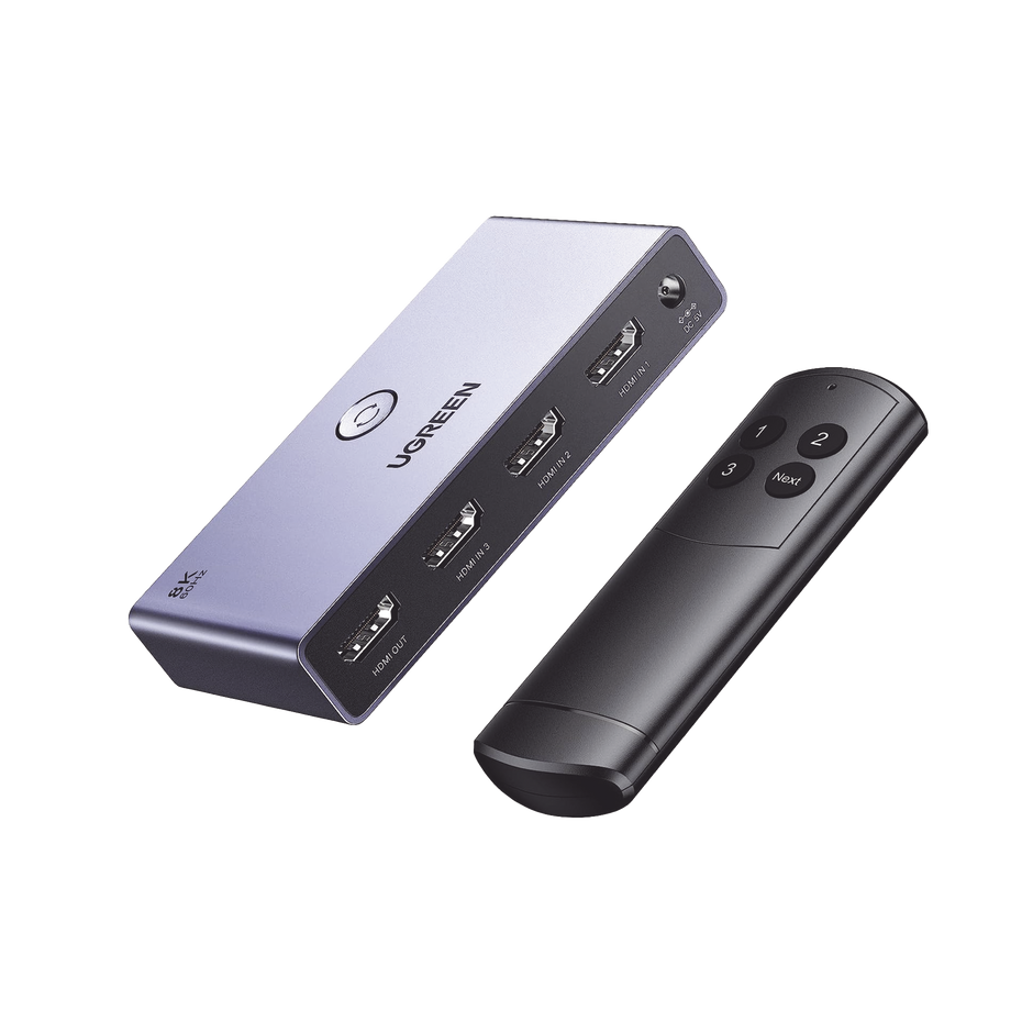 Switch HDMI 2.1 UGREEN 3 en 1 | 3 Entradas y 1 Salida | 8K@60Hz y 4K@120Hz | Control Remoto Incluido | HDR | HDCP 2.3 | Carcasa de Aluminio