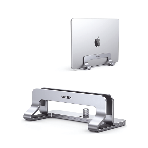 Soporte Vertical Ajustable para Laptop | Base de Aluminio para Escritorio | Compatible con MacBook y Portátiles de 12 a 26 mm | Antideslizante | Color Plata