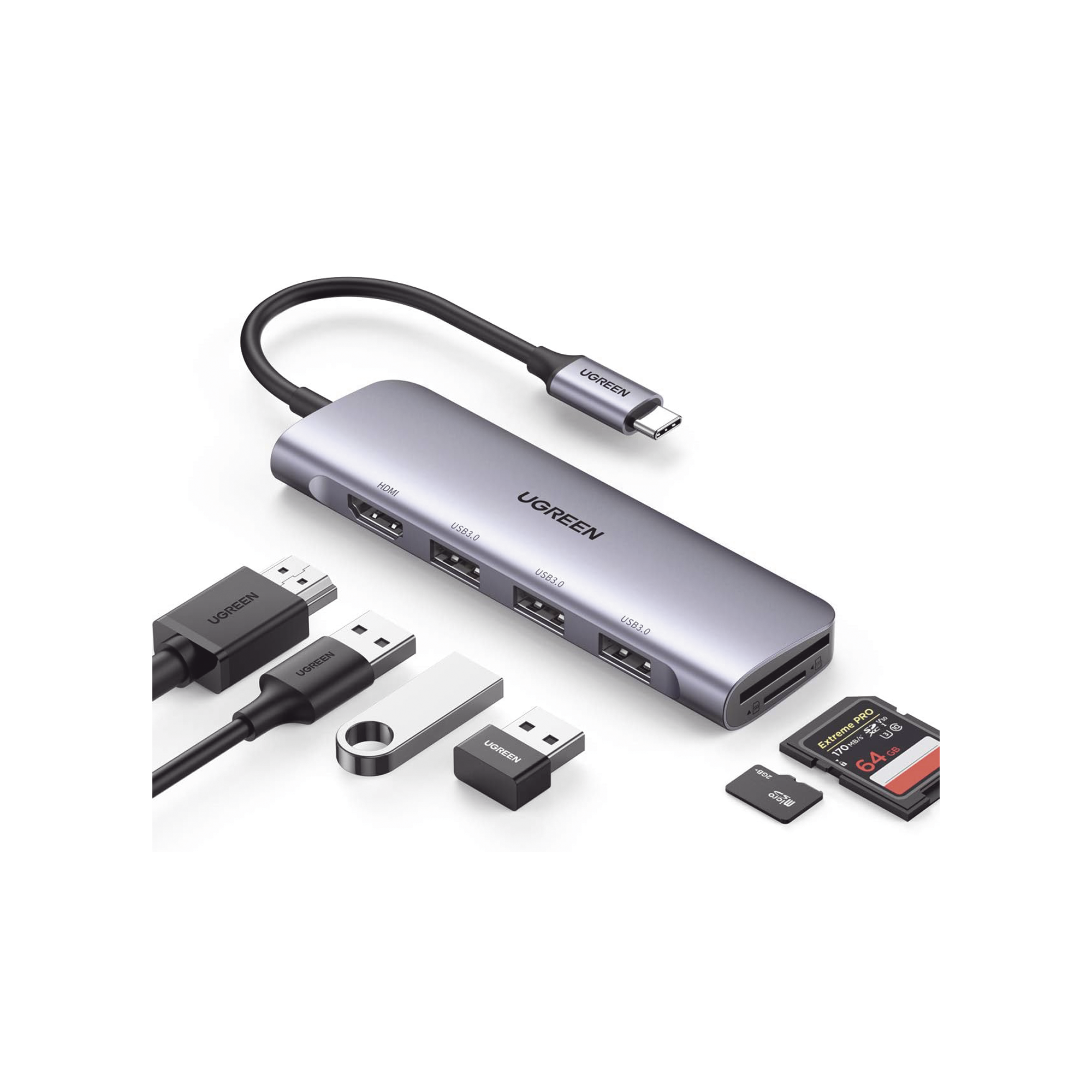 Hub USB-C 6 en 1 | HDMI 4K | 3 USB 3.0 | Lector de Tarjetas SD y MicroSD | Adaptador Multipuerto para Laptop y Tablet