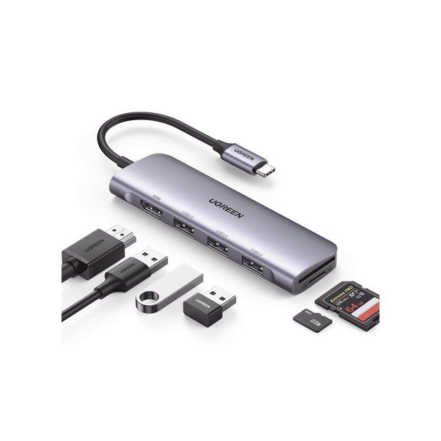 Hub USB-C 6 en 1 | HDMI 4K | 3 USB 3.0 | Lector de Tarjetas SD y MicroSD | Adaptador Multipuerto para Laptop y Tablet