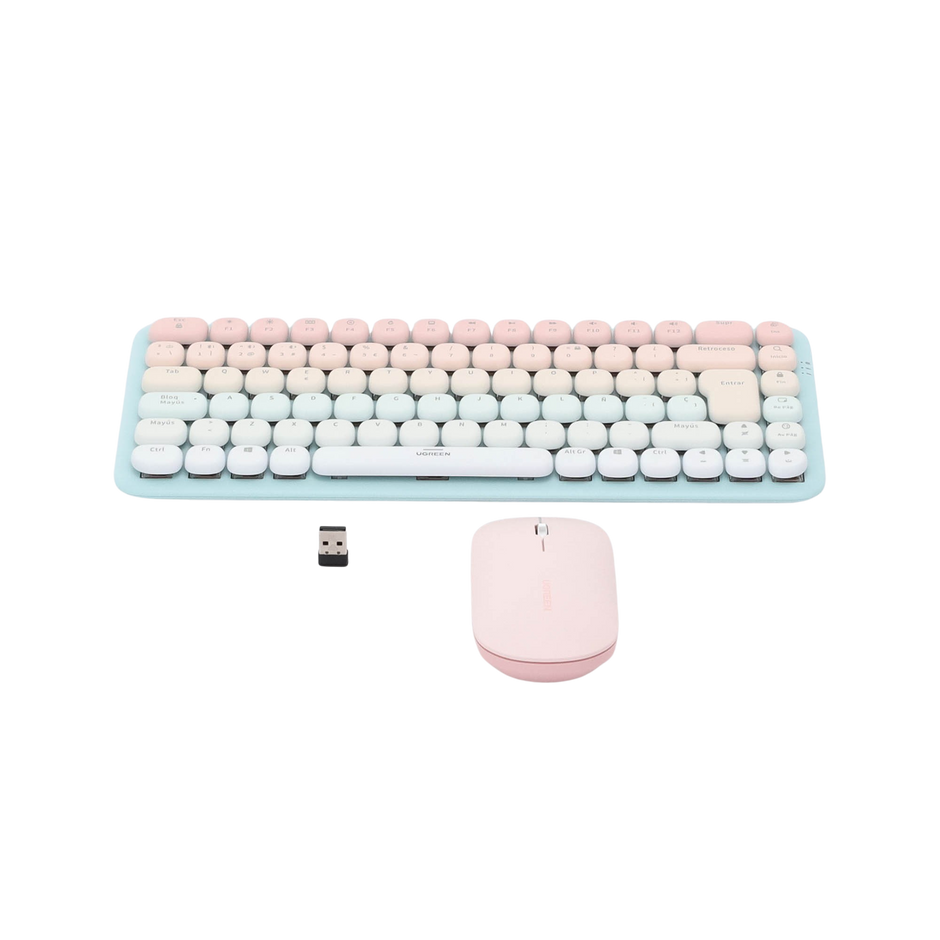 Paquete de Teclado y Mouse | 85 teclas en Español | Bluetooth y 2.4GHz |  Mouse Ambidiestro  | Sensor de DPI ajustable | Efectos de Iluminación del Teclado | Amplia compatibilidad | Color Rosa.