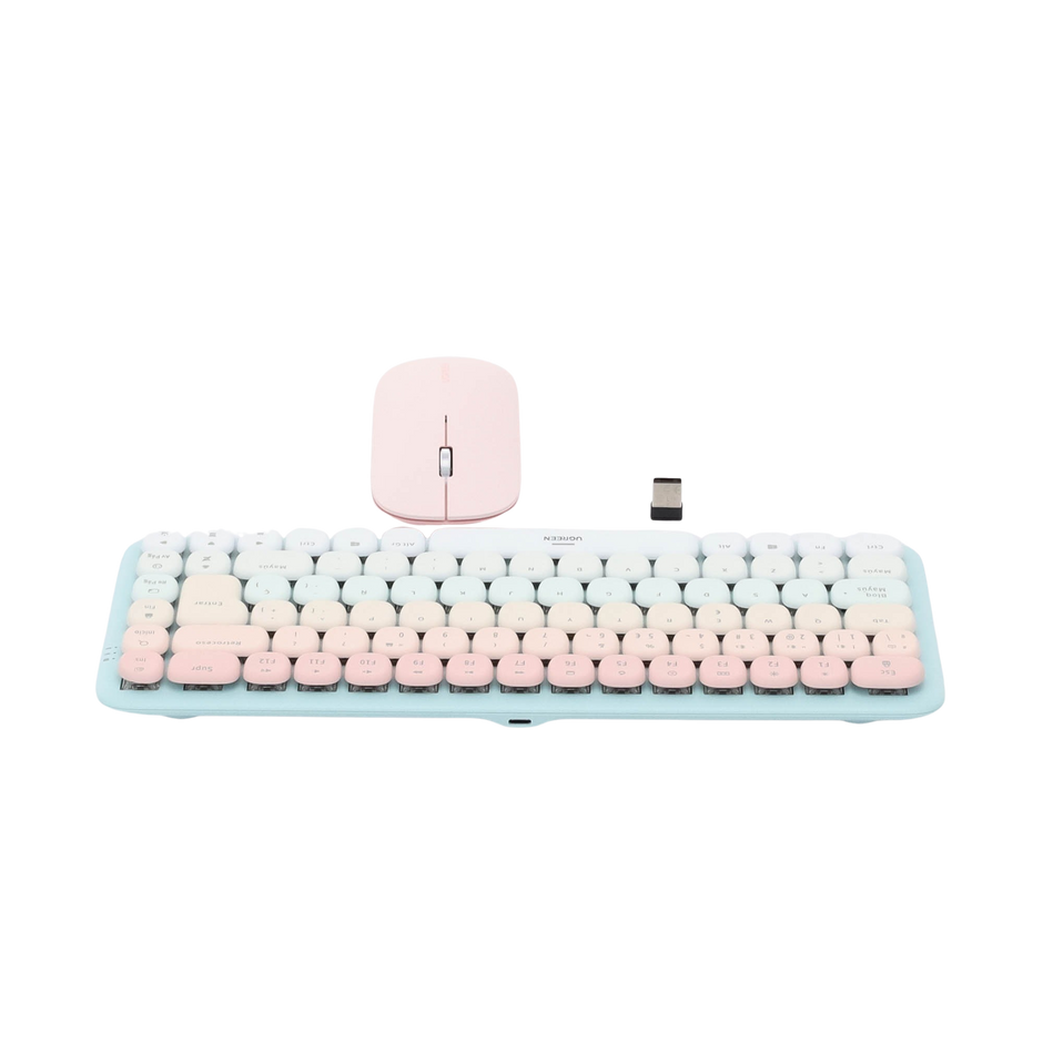 Paquete de Teclado y Mouse | 85 teclas en Español | Bluetooth y 2.4GHz |  Mouse Ambidiestro  | Sensor de DPI ajustable | Efectos de Iluminación del Teclado | Amplia compatibilidad | Color Rosa.