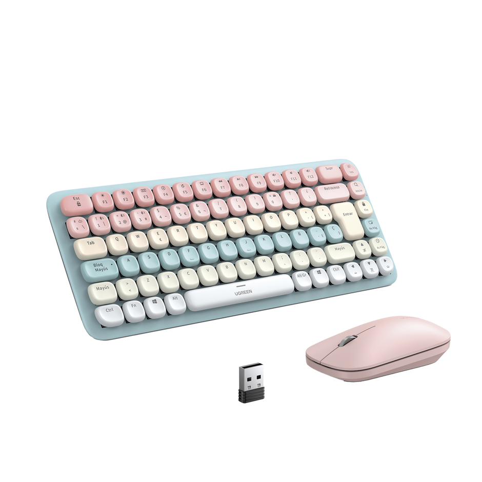 Paquete de Teclado y Mouse | 85 teclas en Español | Bluetooth y 2.4GHz |  Mouse Ambidiestro  | Sensor de DPI ajustable | Efectos de Iluminación del Teclado | Amplia compatibilidad | Color Rosa.