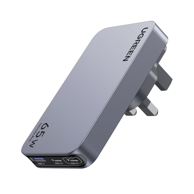 Cargador Rápido UGREEN GaN 65W | 2 USB-C + 1 USB-A | PD 3.0, PPS y QC 4.0 | Cargador para Laptop, Tablet y Smartphone | Diseño Compacto