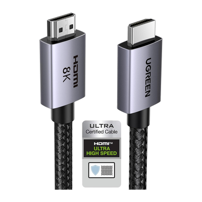 Cable HDMI 2.1 de 8K@60Hz | 2 Metros (6.56 Pies) | 48Gbps | HDR10+ | 3D Inversivo | eARC | Dolby ATMOS | VVR | QMS | QFT | ALLM | 3 Modos de Visualización | Certificado HDMI 8K | Niquelado | Nylon Trenzado | Carcasa de Aluminio