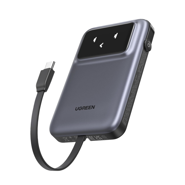 Power Bank Serie Uno |  10000mAh | 30W |  con Cable USB-C Incorporado | 2 Salidas 30W Max. | Pantalla Inteligente | Carcasa Ignifuga | Aprobado por Aerolíneas.| Color Grey.