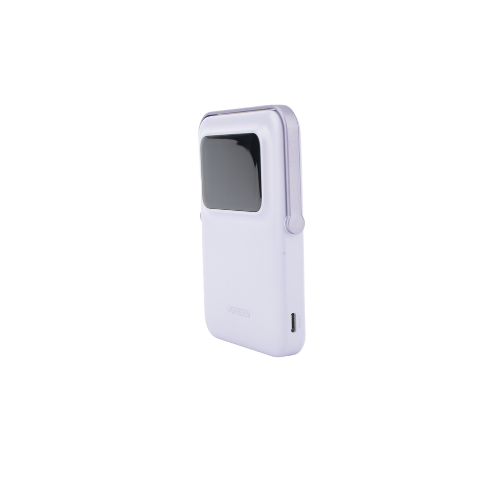 Power Bank Inalambrico | 5000mAh | 7.5W  |  Con Emojis de Estado | Carga Rápida USB-C Bidireccional  | Pantalla TFT  Inteligente | 13 niveles de Proteccion | Con Holder | Color Purple.