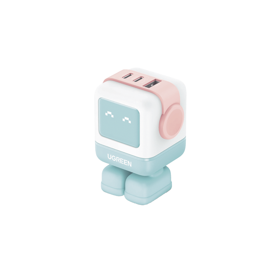 Cargador RobotGaN de 65W Serie UNO | 3 Puertos de Carga Rápida | 2 USB-C | 1 USB-A | PD 3.0 | QC 4.0 | Carga Inteligente | Tecnología GaN II | Zapato Magnético Extraíble | Carcasa Ignifuga | Pantalla LED.