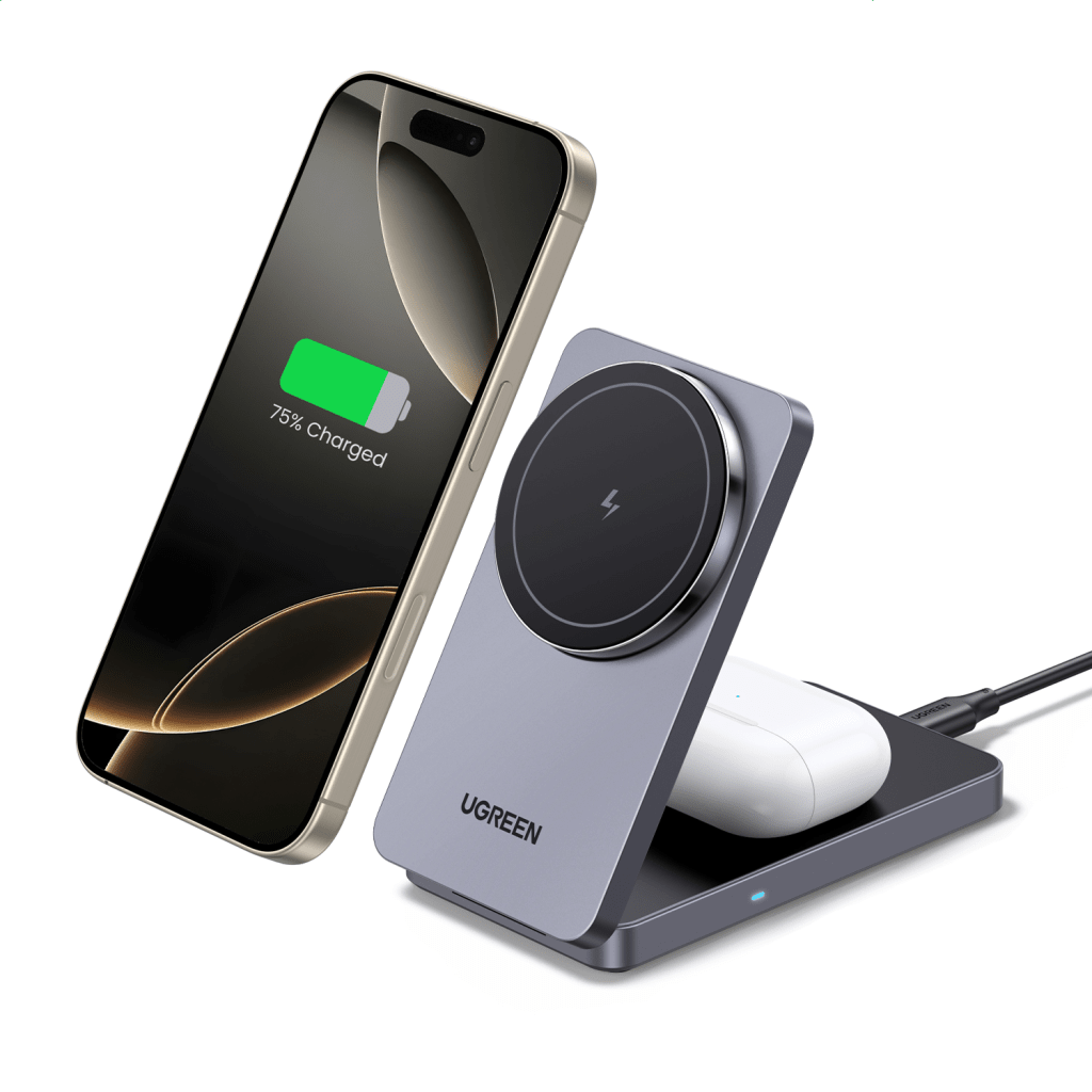 Cargador Inalámbrico Magnético 2 en 1 de 20W | Qi2 Certificado 15W | Carga Simultánea para iPhone y AirPods | Ángulo Ajustable 70° | Diseño Plegable y Portátil | Compatibilidad Universal