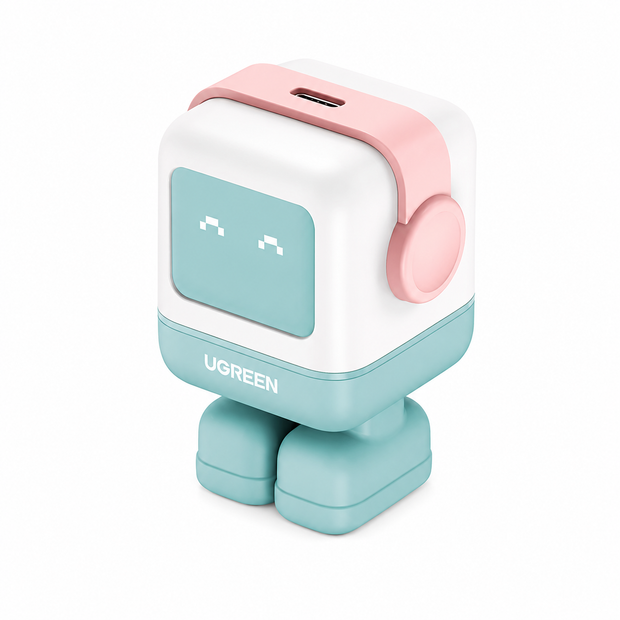 Cargador Mini GaNRobot 30W serie UNO | 1 USB-C de Carga Rápida | Tecnología GaN II | Multiprotocolo PD/QC/SCP/FCA | Carga Inteligente | Pantalla LED | Zapato Magnético Extraíble | Thermal Guard | Color Pink-Blue