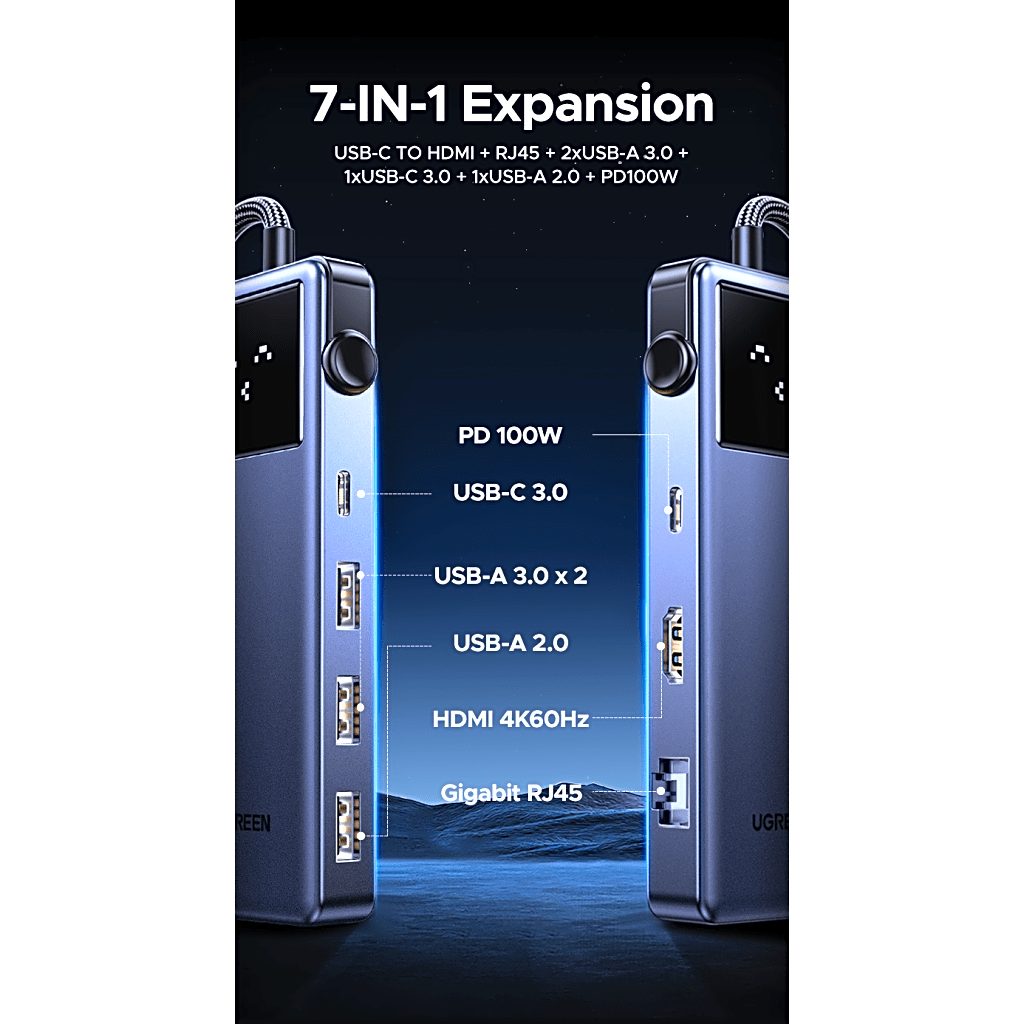 Hub USB-C 7 en 1 | HDMI 4K@60Hz | Ethernet Gigabit RJ45 | USB-C PD 100W | 2 USB 3.0 + USB-C 3.0 + USB 2.0 | Adaptador Multipuerto para Laptop y Tablet | Cable de 20 cm