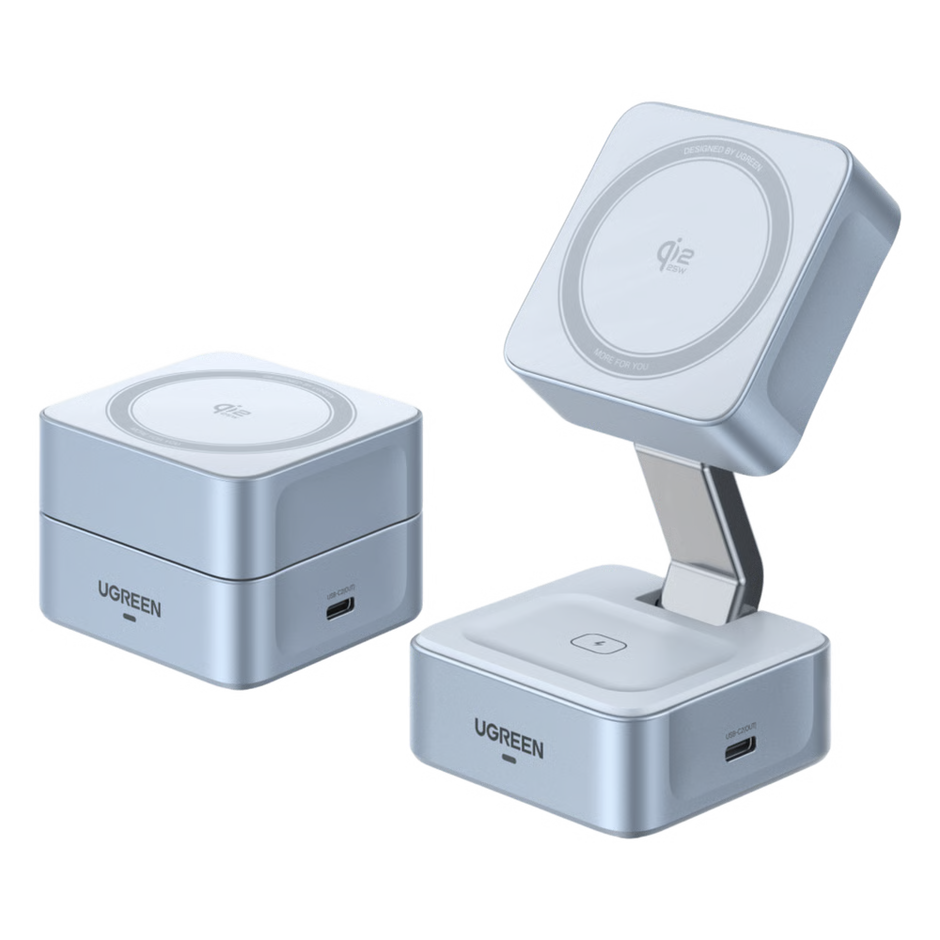 Cargador Inalámbrico Magnético 2 en 1 / 25W Qi2 Certificado / Doble Carga + USB-C 5W / Plegable Portátil / 16 Imanes 7N / Enfriamiento Inteligente