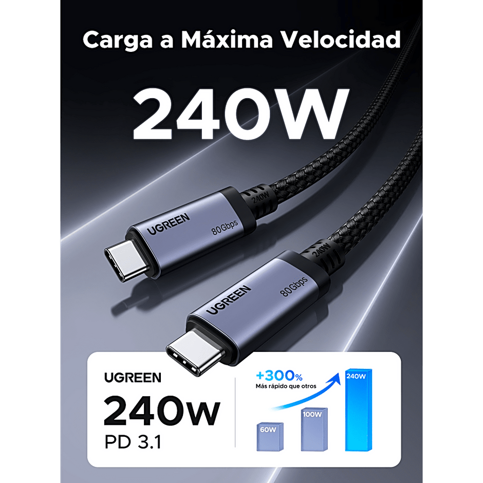 Cable USB-C Thunderbolt 5 / 80 Gbps Bidireccional / 120 Gbps Unidireccional / 1 m (3.28 ft) / 24 Pines / E-Marker IP2133H / 5A Máximo / Aluminio + Cobre Blindado