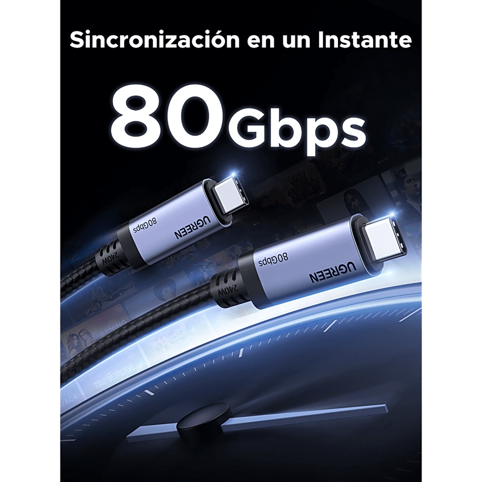 Cable USB-C Thunderbolt 5 / 80 Gbps Bidireccional / 120 Gbps Unidireccional / 1 m (3.28 ft) / 24 Pines / E-Marker IP2133H / 5A Máximo / Aluminio + Cobre Blindado