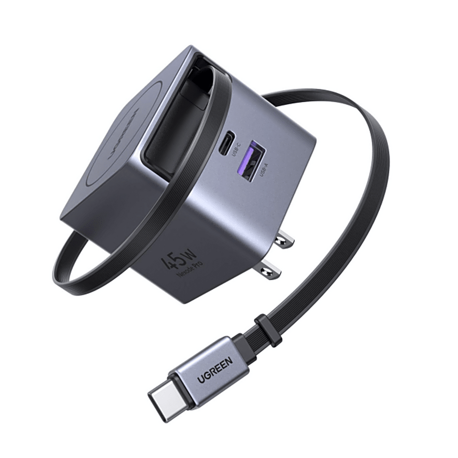 Cargador Rápido UGREEN 45W GaN / Cable Retráctil 0.7m / 3 Puertos USB-C + USB-A / Tecnología GaNInfinity 95% Eficiencia / 8 Capas Protección / Carga Simultánea 3 Dispositivos / Compacto para Viajes