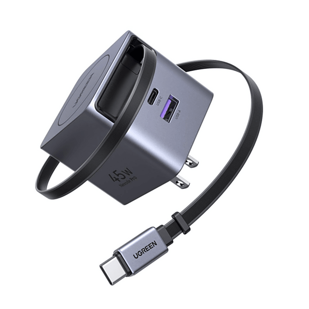 Cargador Rápido UGREEN 45W GaN / Cable Retráctil 0.7m / 3 Puertos USB-C + USB-A / Tecnología GaNInfinity 95% Eficiencia / 8 Capas Protección / Carga Simultánea 3 Dispositivos / Compacto para Viajes