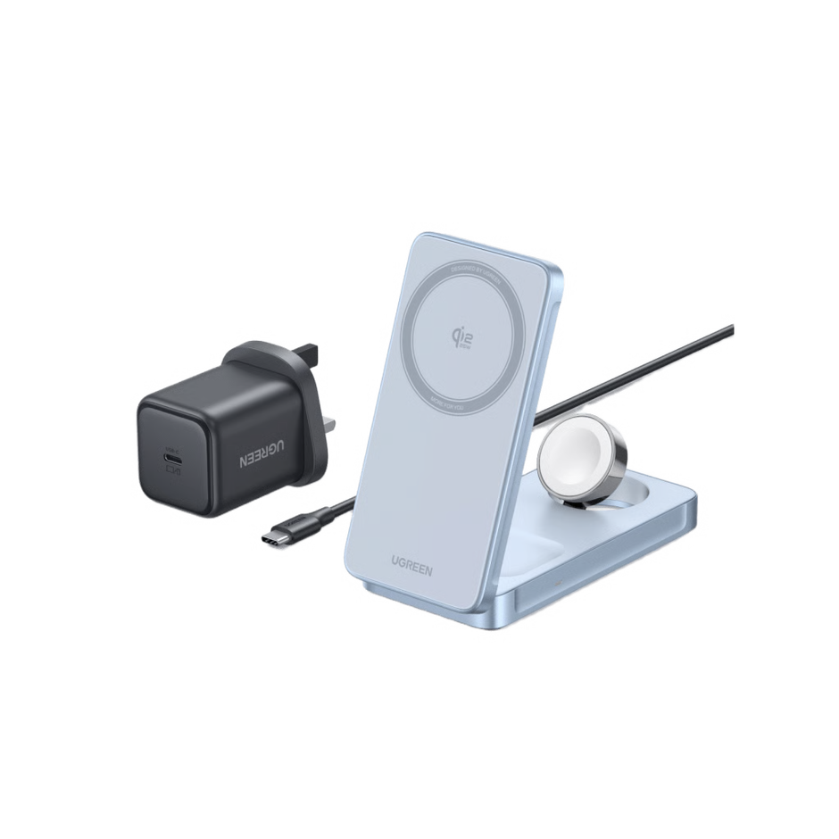 Cargador Inalámbrico Magnético 3-en-1 / Entrada 5V-12V / Salida 15W Máx / Carga Simultánea Teléfono-Reloj-Auriculares / Soporte Ajustable / Compatibilidad Qi
