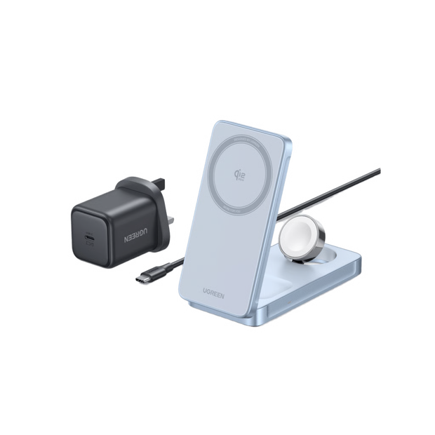 Cargador Inalámbrico Magnético 3-en-1 / Entrada 5V-12V / Salida 15W Máx / Carga Simultánea Teléfono-Reloj-Auriculares / Soporte Ajustable / Compatibilidad Qi