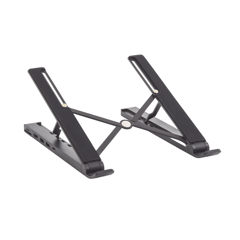 HUB (Docking Station) 5 en 1 con Soporte para Laptop | 2 USB 3.0 a 5Gbps | HDMI 4K@30Hz | Memoria Micro SD (TF) + SD | Amplia Compatibilidad de 10-15" | Ajuste de Altura | Aluminio | PC+ABS | Silicona | Color Negro.