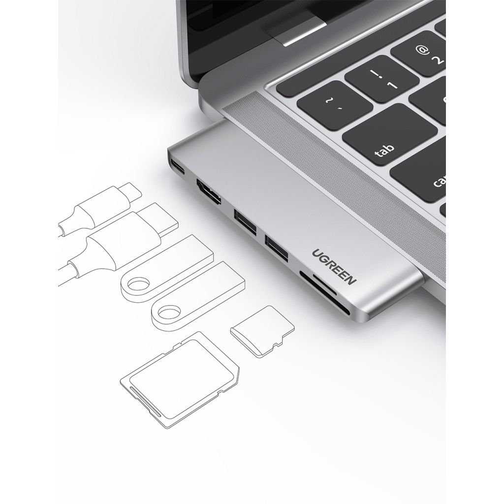 Hub USB-C 6 en 1 / 2xUSB-A 3.0 (5Gbps) / HDMI 4K@30Hz / Puerto PD 100W / Lector SD+MicroSD / Aluminio / Compatible Thunderbolt 3 / Compacto 110x29x8.5mm