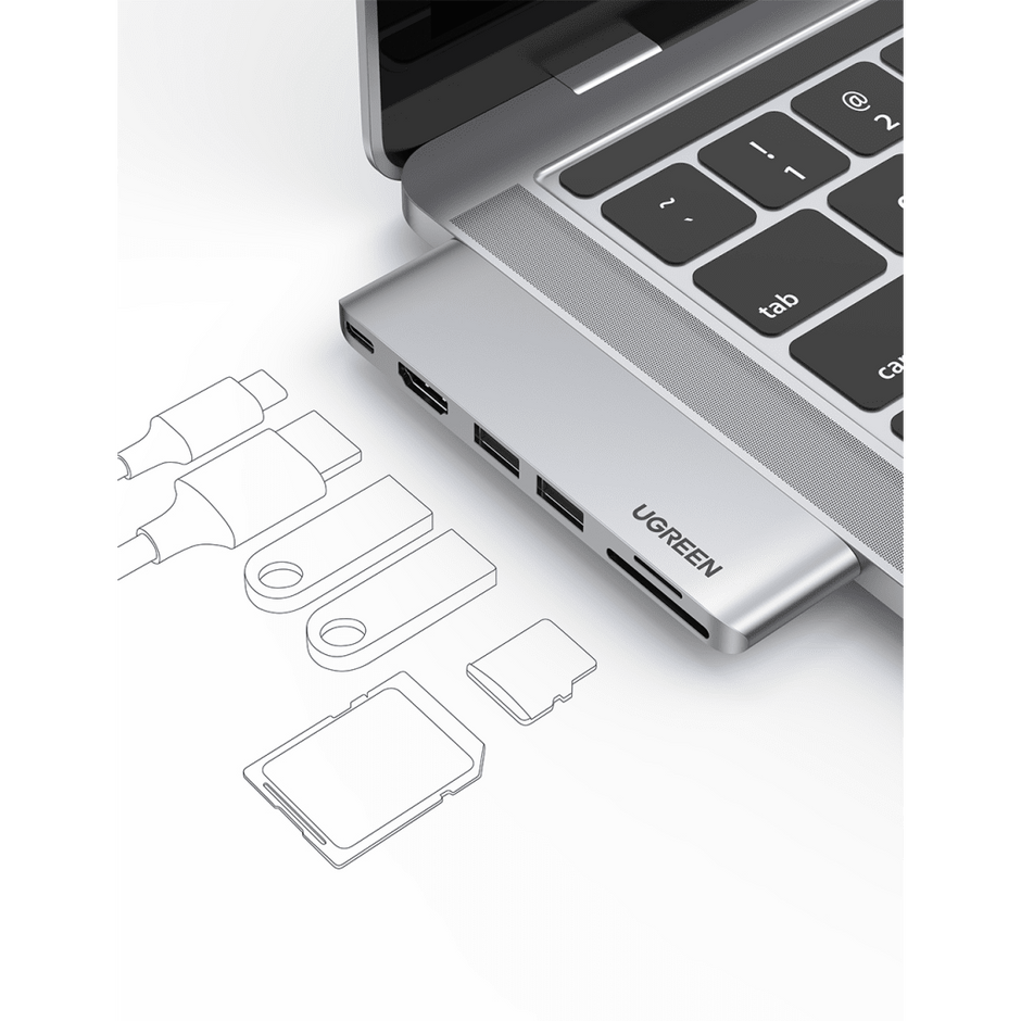 Hub USB-C 6 en 1 / 2xUSB-A 3.0 (5Gbps) / HDMI 4K@30Hz / Puerto PD 100W / Lector SD+MicroSD / Aluminio / Compatible Thunderbolt 3 / Compacto 110x29x8.5mm