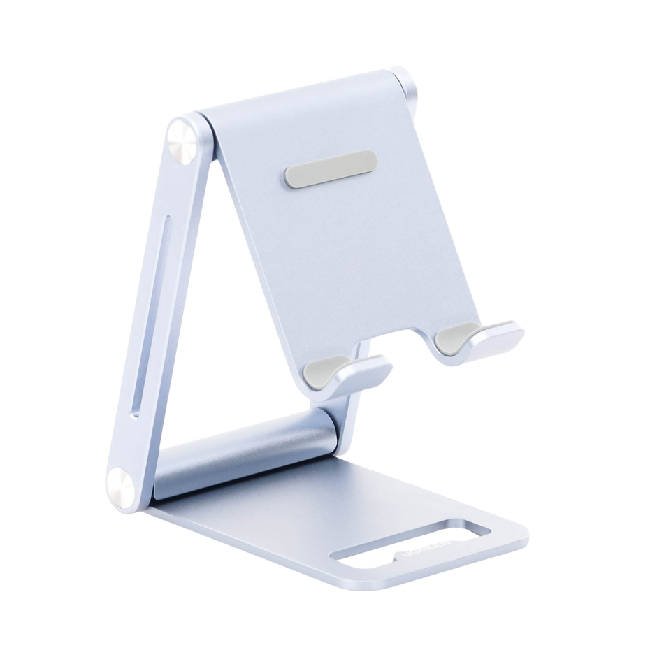 Soporte para Teléfono Celular de Aluminio / Angulo Ajustable / Amplia Compatibilidad con dispositivos de 4.7'' a 7.9'' / Antideslizante / Antiarañazos / Plegable / Color Azul
