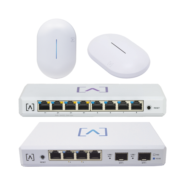Starter KIT Alta Labs: Incluye 1 Router (Route10) / 1 Switch PoE (S8-POE) / 1 Puntos de Acceso WiFi 6 AP6 / 1 Punto de Acceso AP6-PRO / Bloqueo de Contenido / Administración en la Nube / App Gratuita / Compatible con la plataforma Purple