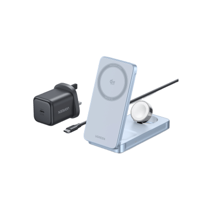 Cargador Inalámbrico Magnético 3-en-1 / Entrada 5V-12V / Salida 15W Máx / Carga Simultánea Teléfono-Reloj-Auriculares / Soporte Ajustable / Compatibilidad Qi