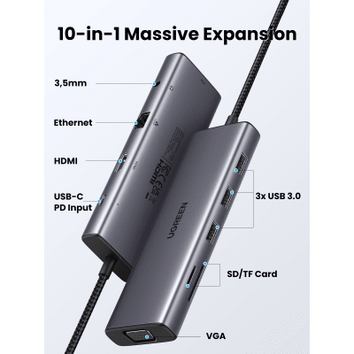 Hub USB-C 10 en 1 HDMI VGA Ethernet 100W