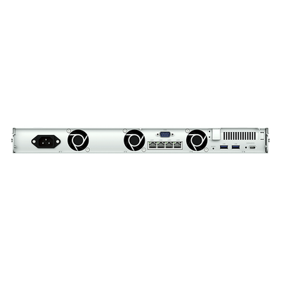 NAS Rackmount 4 Bahías / 1U 44 mm (1.73 in) / AMD Ryzen V1500B 4 Núcleos 2.2 GHz / 4GB DDR4 ECC SODIMM / 4x 1GbE RJ45 / PCIe 3.0 x8 / Escalable a 8 Bahías con RX426 / DSM / Storage Tiering