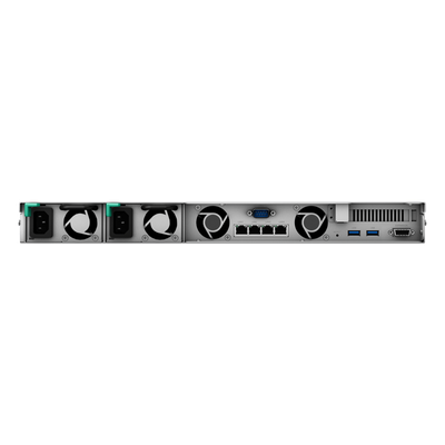 NAS Rack / 4 Bahías / CPU Intel Xeon D-1527 Quad-Core / 8 GB DDR4 ECC Ampliable a 64 GB / 2 Ranuras M.2 NVMe/SATA / 4 Puertos LAN 1GbE / Soporte 10GbE Opcional / Escalable a 16 Bahías